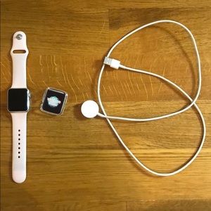 38 mm Apple Watch w clear bumper and charging cord